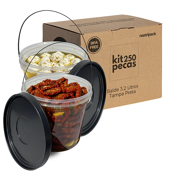 Kit 250 Peças – Balde 3,2L Transparente com Tampa Preta Nastripack