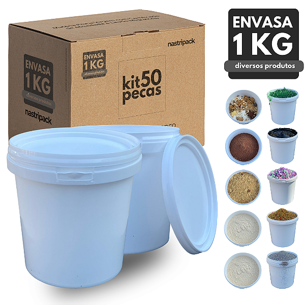 Potes Plásticos 1,2 Litros (1kg) Branco com Tampa e Lacre - 50 Pcs
