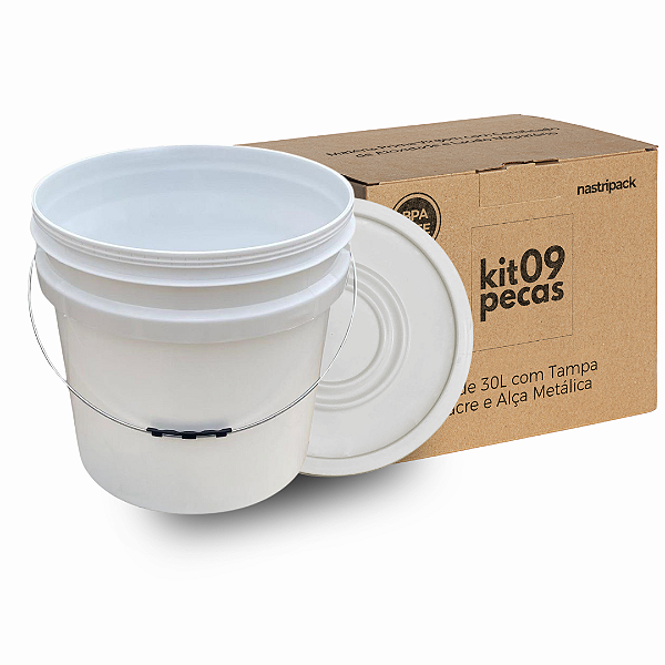 Balde com Tampa 30l para Alimentos Alça Metálica - 09 Pçs