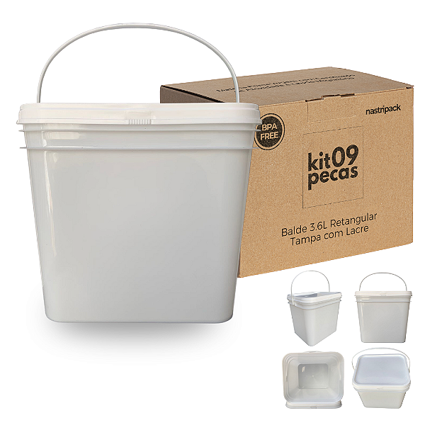 Balde 3,6 Litros com Tampa Lacre Retangular - Kit 9 Unid