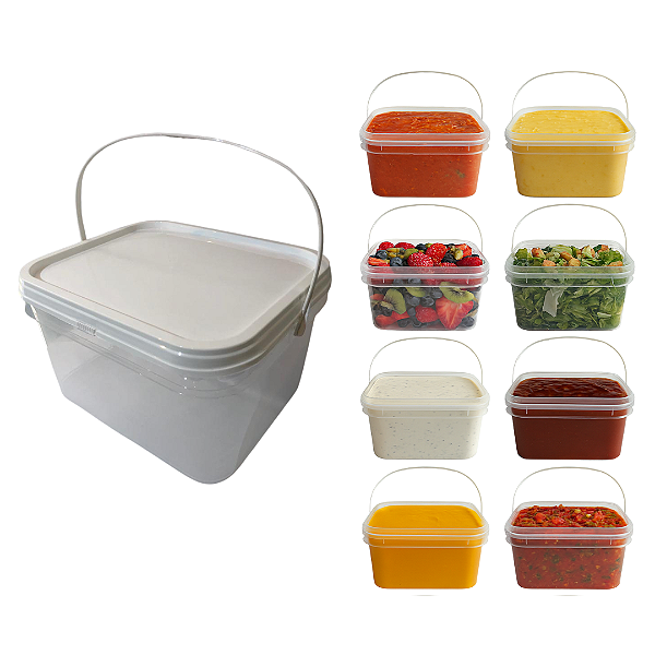 Balde Retangular 2.4L com Tampa Lacre para Alimentos - Kit 08 Peças
