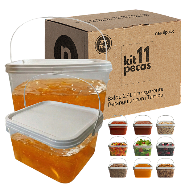 Balde com Tampa Retangular 2.4L para Armazenar Alimentos - 11 Peças