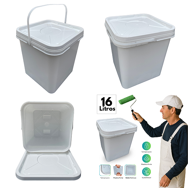 Balde com Tampa Retangular 16L Branco Reciclado - Kit 03 Peças