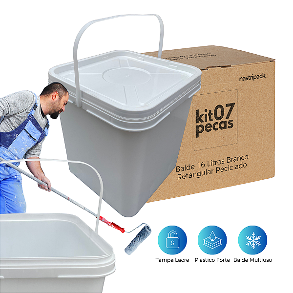 Balde Retangular com Tampa Lacre 16 Litros Branco Reciclado - 07 Unid