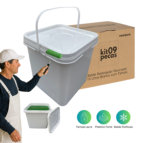 Balde Branco Quadrado 16L Retangular com Tampa Lacre - 09 Pcs