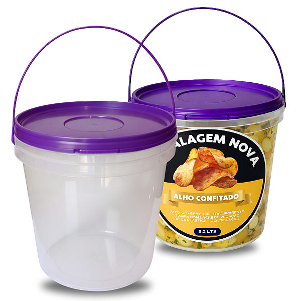 Balde com Tampa Roxa 3 Litros com Tampa Lacre e Alça Roxa - 02 Peças