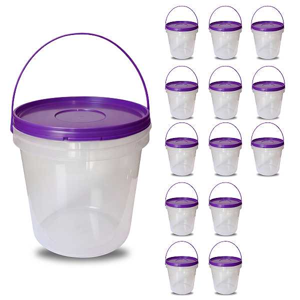 Balde Plástico 3,2L Transparente com Tampa Roxa e Alça – 13 Pcs