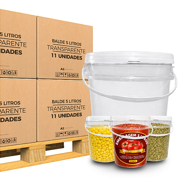 Balde Transparente com Tampa Branca e Alça Branca 5 Litros - 11 Peças