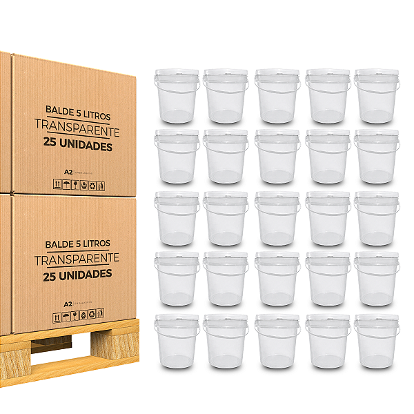 Balde plástico de 5 litros transparente, novo, material atóxico - 25 Und
