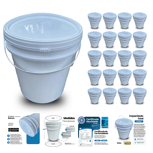Balde Alimenticio com Tampa 5 Litros Branco - Kit 20 Und