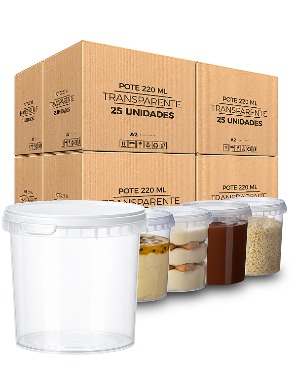 Pote Transparente com Tampa Lacre para Alimentos 220 ML - Kit 25 Peças