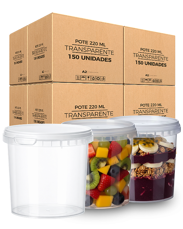 Pote Plastico Transparente com Tampa Lacre 220ML Atóxico > 150 Und