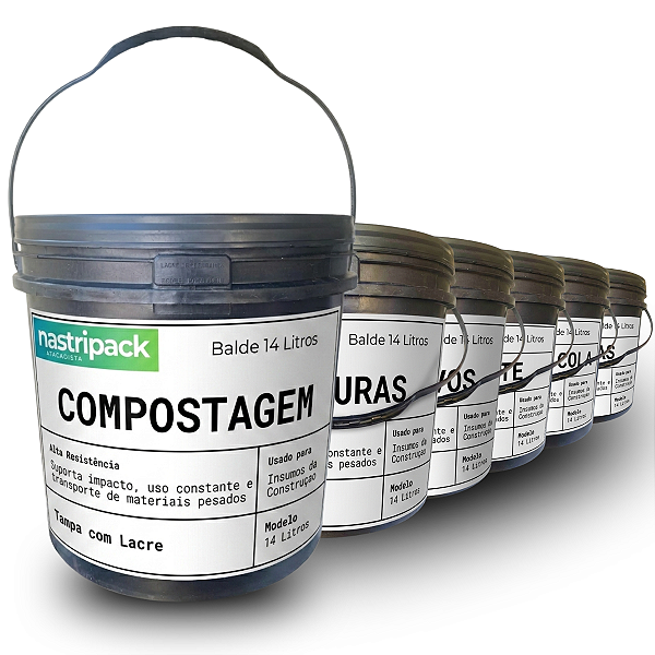 Balde com Tampa 14L Resistente para Uso Industrial Profissional - Kit 06 Peças