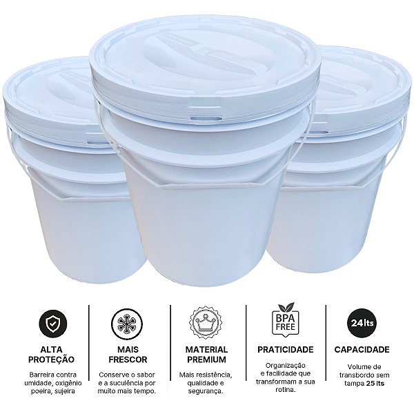 Balde com Tampa Rosqueavel 24L para Armazenar Alimentos - 03 Und