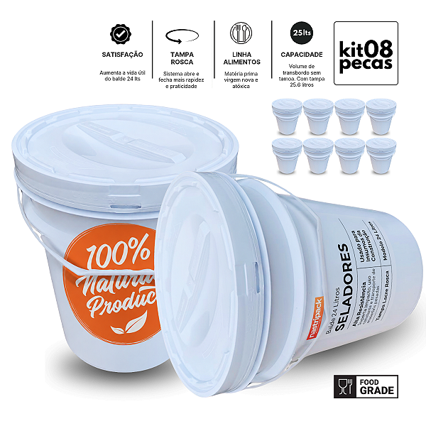 Balde com Tampa Rosca 24L Atóxico BPA Free - 08 Peças