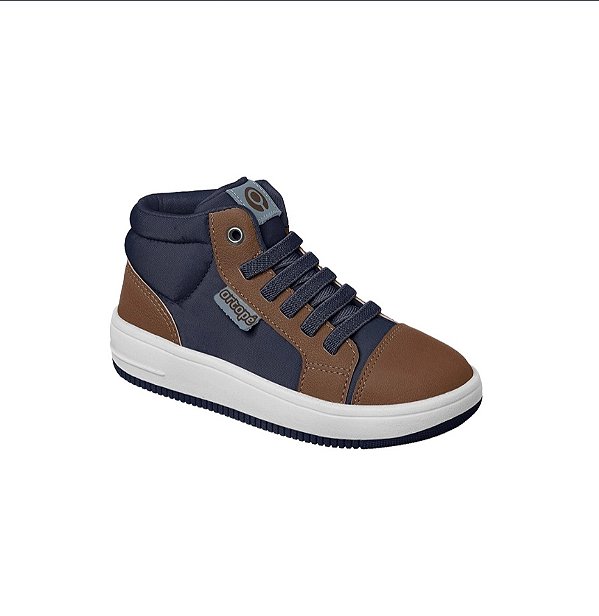 Tênis Cano Alto Infantil Masculino Ortopé Bliss Teen Boot Azul Marinho e Caramelo