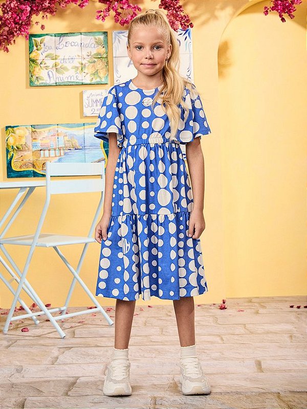 Vestido Azul de Poá com Babados Animê