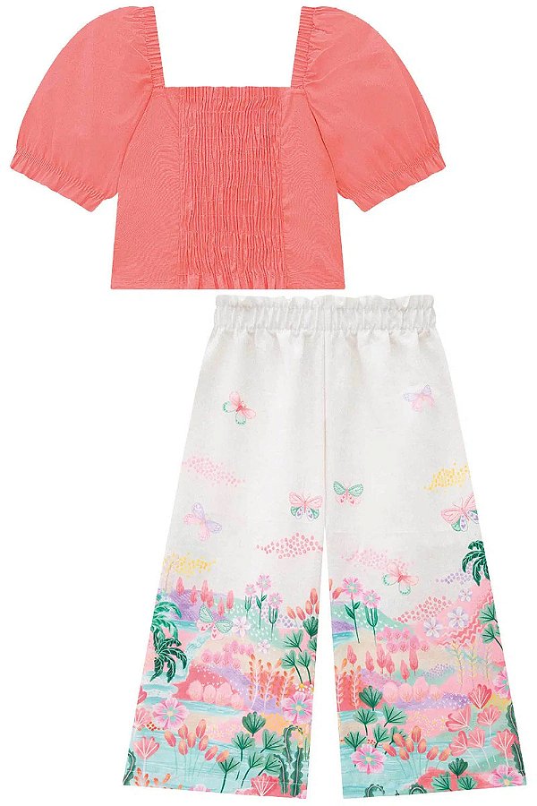 Conjunto de Blusa em Cropped em Tricoline com Elastano e Calça Cropped em Tecido Sarjado  Infanti
