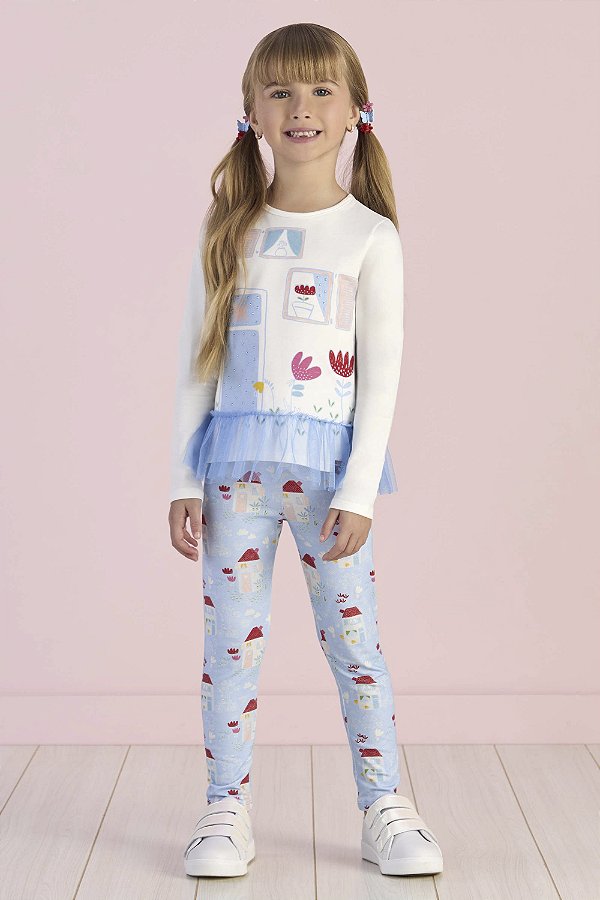 Conjunto Infantil Feminino Inverno Mon Sucré de Blusa Manga Longa Tule e Legging Casinhas