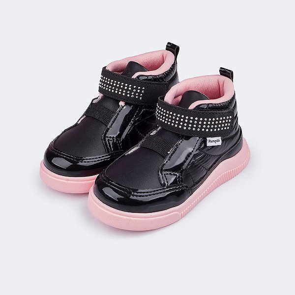 Tênis Cano Alto Infantil Feminino Pom Pom Strass Preto Pampili