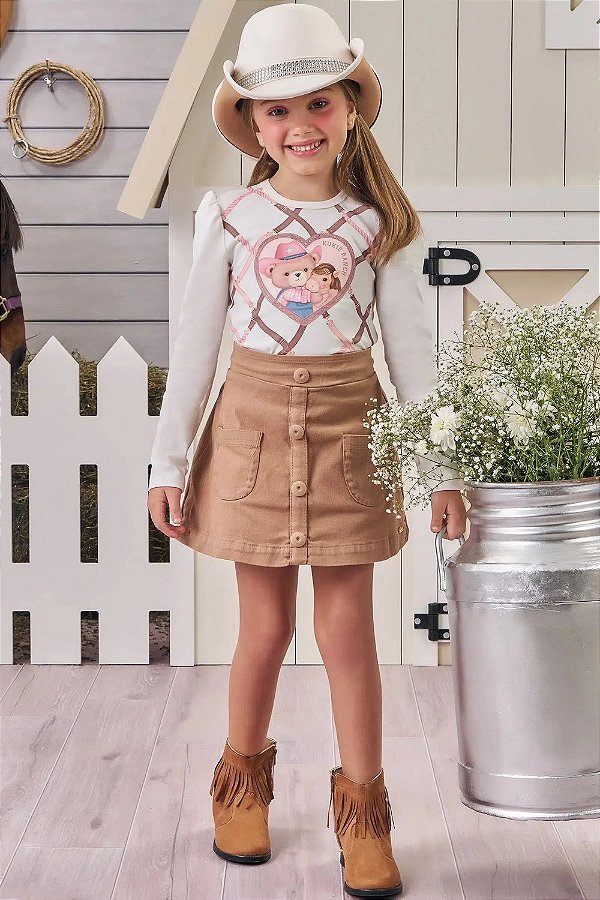 Conjunto de Blusa em Cotton e Saia em Sarja com Elastano Kukiê Infantil Menina
