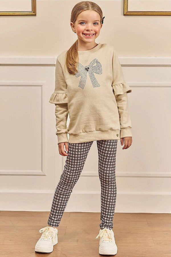Conjunto de Blusão Alongado em Moletom com Pelúcia e Calça Legging em Termoskin Kukiê Infantil Menina