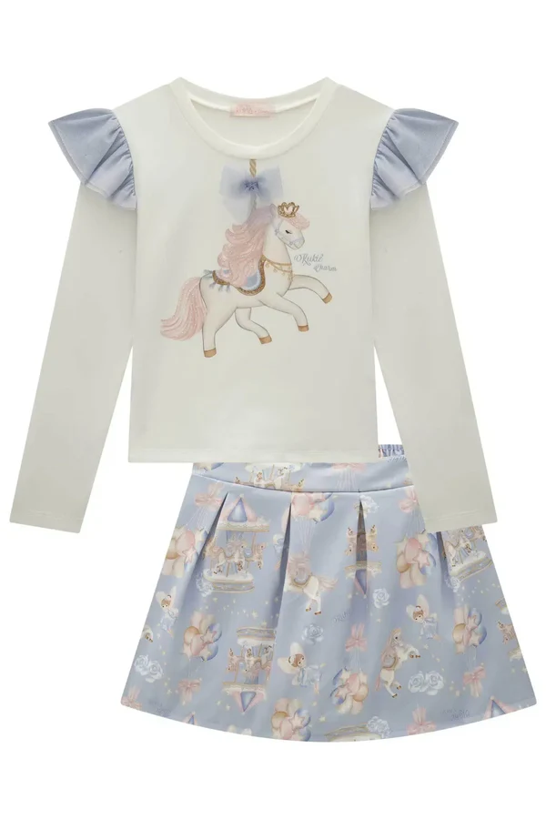 Conjunto de Blusa em Cotton e Saia em Super Cetim Kukiê Infantil Menina