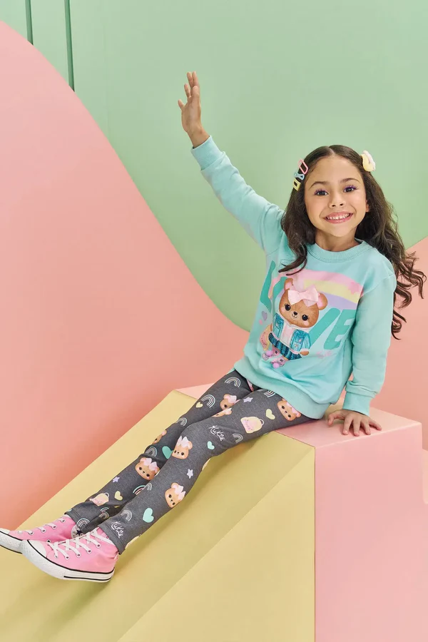 Conjunto de Blusão em Moletom sem Pelúcia e Calça Legging em Fly Tech Infantil Menina