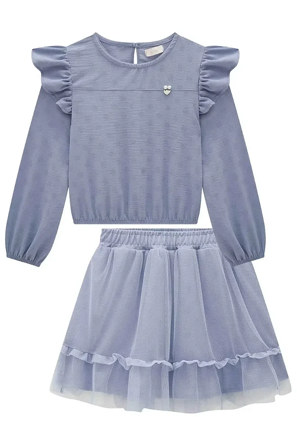 Conjunto de Blusa em Crepe Dots e Saia em Tule com Elastano (acompanha Shorts) Kukiê Infantil Menina
