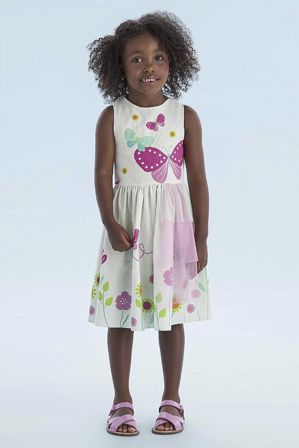 VESTIDO ESTAMPA BORBOLETA E DETALHE EM TULE