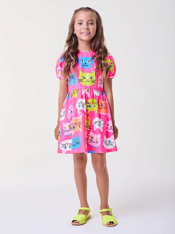 Vestido Pink de Gatinhos com Manga Bufante Bimbi