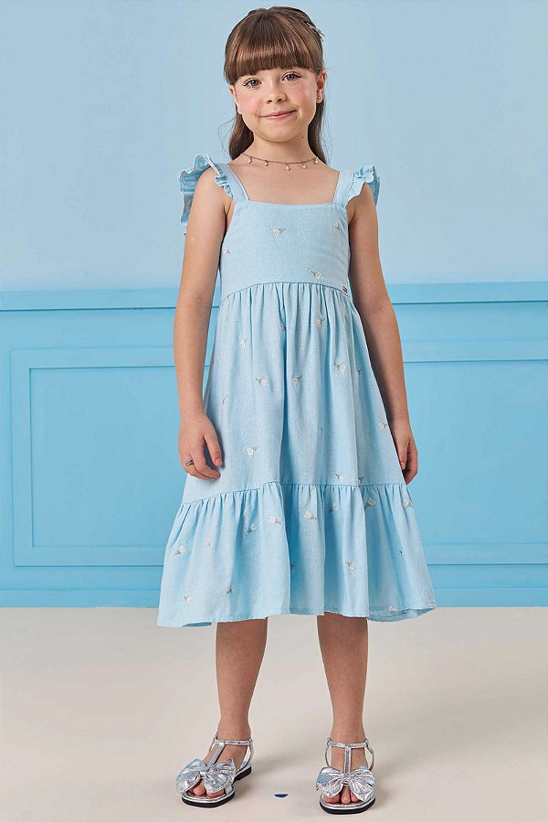 Vestido em Linho Bordado Flores Infanti