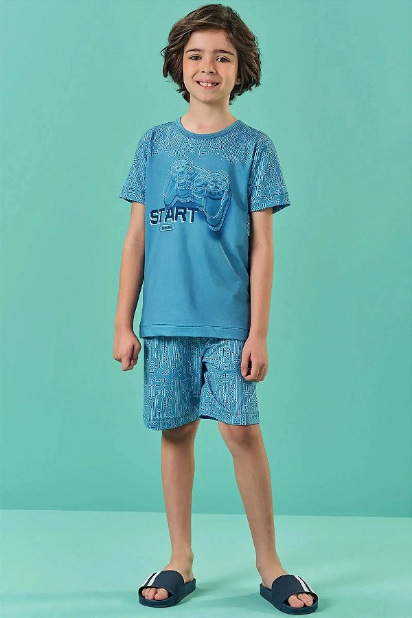Conjunto de Pijama com Camiseta e Bermuda em Malha Comfy LucBoo Infantil Menino