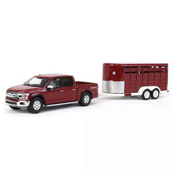 Miniatura Picape Ford F-150 XLT com reboque para gado - Greenlight Collectibles - Hitch & Tow - 1/64