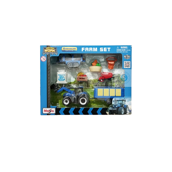 Conjunto com Trator, 2 Reboques e acesórios Set Fazenda New Holland - Mini Work Machines - Maisto - 1/64