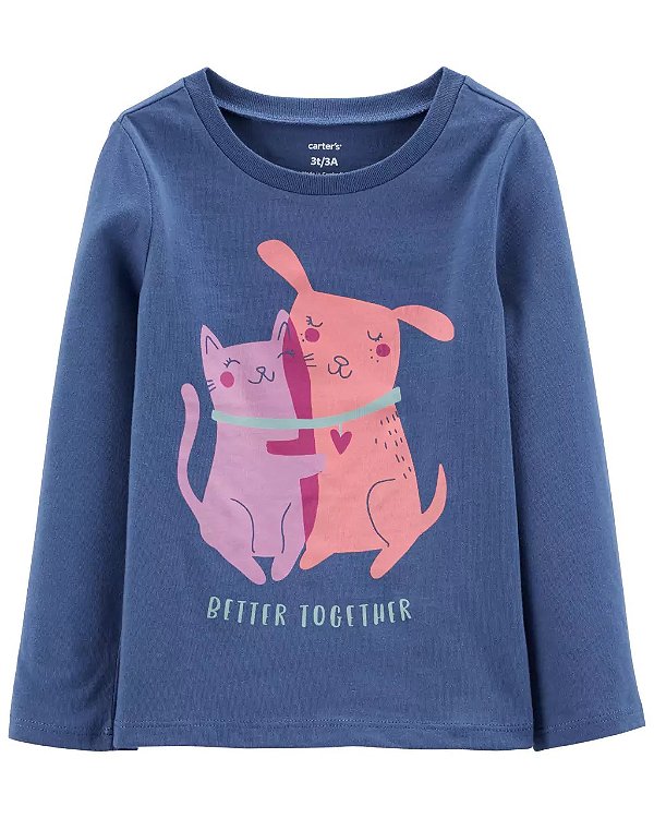 Camiseta Carters Infantil Manga Longa Cachorro e Gato