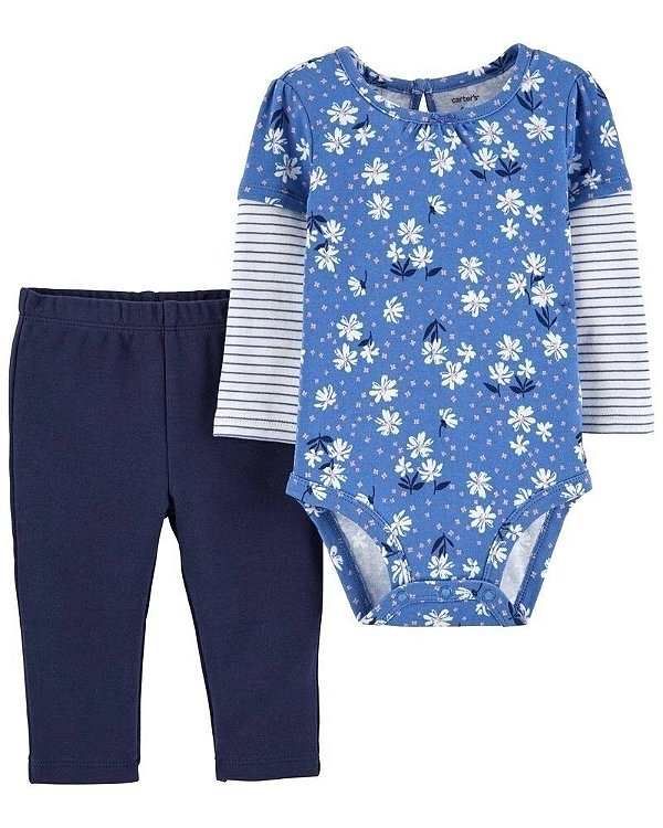 Conjunto Carters 2 pecas Longo Azul Flores