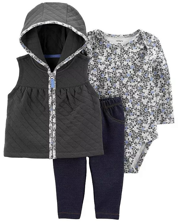 Conjunto Carters 3 pecas Colete Cinza Flores