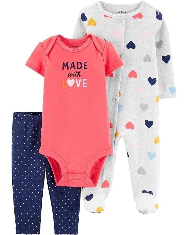 Conjunto Carters 3 pecas Longo com Macacão Coracao