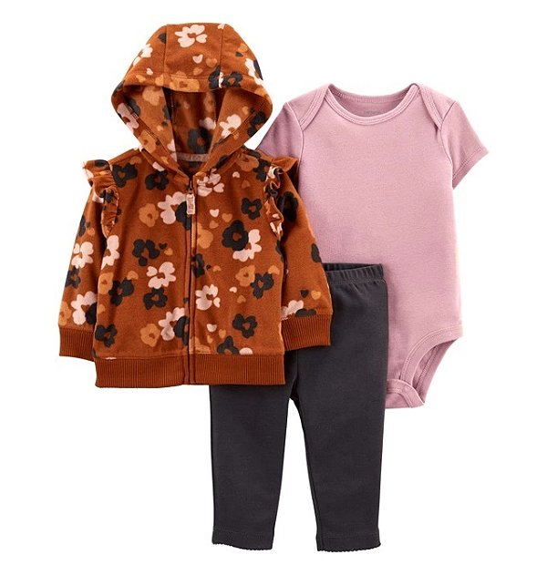 Conjunto Carters 3 pecas Casaco Fleece Marrom Flores
