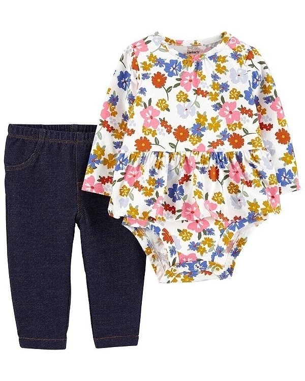 Conjunto Carters 2 pecas Longo Flores e "Jeans"
