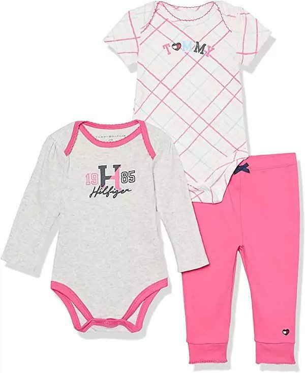 Conjunto Tommy Hilfiger Bebe 3 pecas Trio Body e Calca Rosa