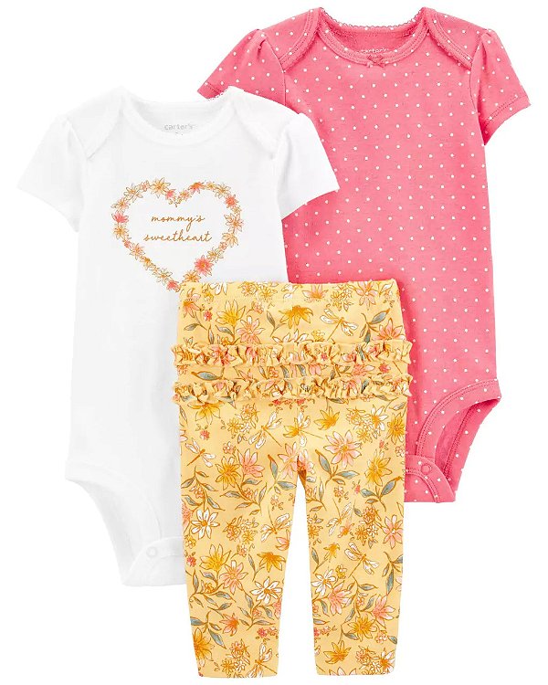 Conjunto Carters 3 pecas Longo Trio Amarelo Flores