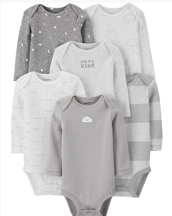 Kit Body Carters Manga Longa 6 pecas Nuvem Cinza