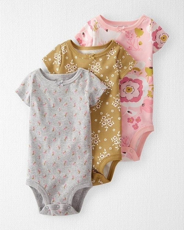 Kit Body Carters Manga Curta 3 pecas Algodao Organico Flores Little Planet