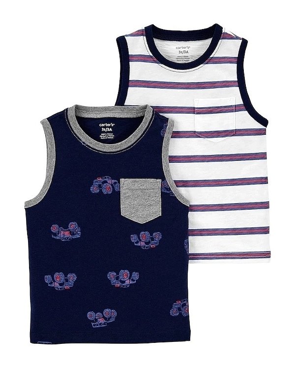 Kit Camiseta Carters Bebe Manga Regata 2 pecas Carro e Listras