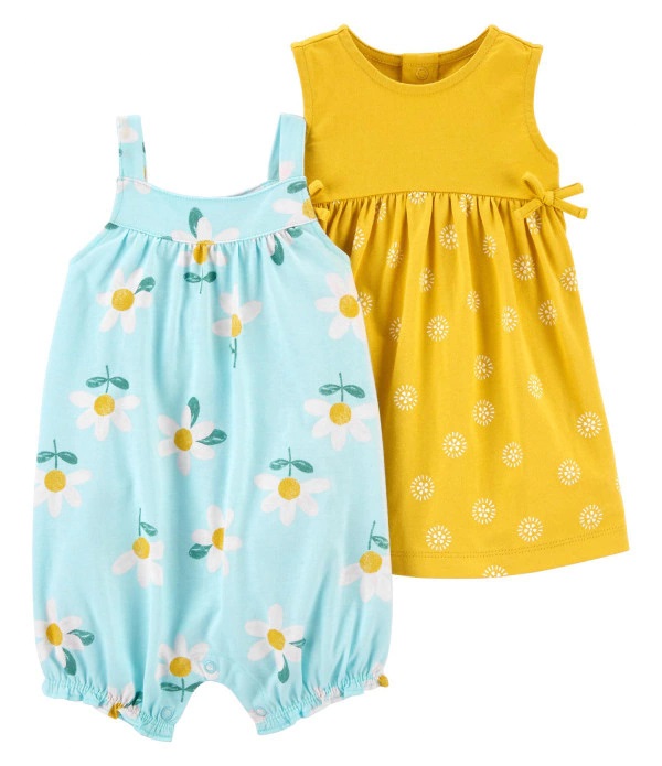 Kit Romper e Vestido Carters Macaquinho Flores Azul e Vestido Amarelo