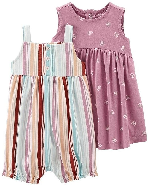 Kit Romper e Vestido Carters Macaquinho Listras Colorido e Vestido Sol