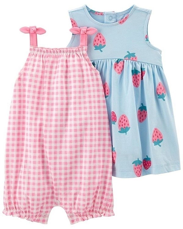 Kit Romper e Vestido Carters Macaquinho Rosa Xadrez e Vestido Moranguinho