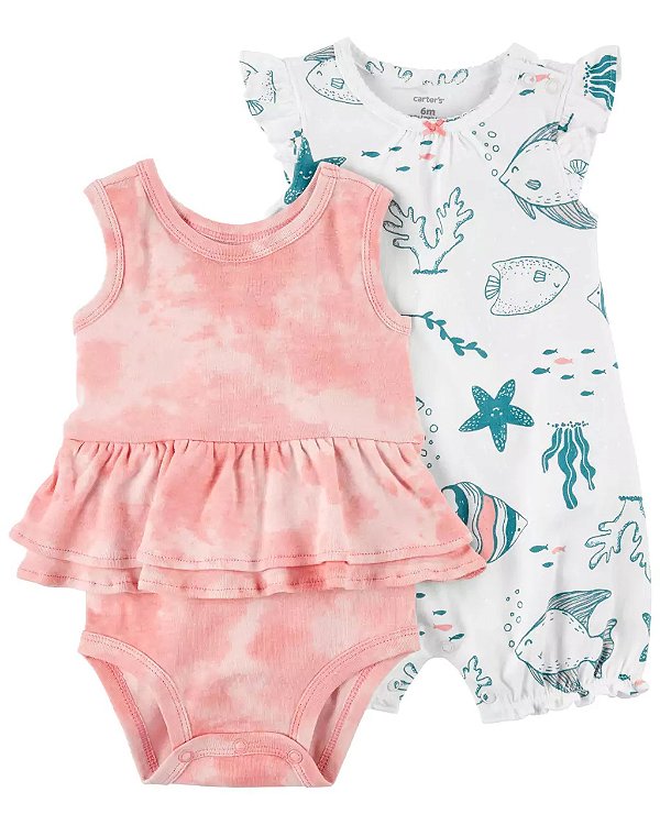 Kit Romper e Sunsuit Carters Macaquinho Peixinho e Banho de Sol Rosa